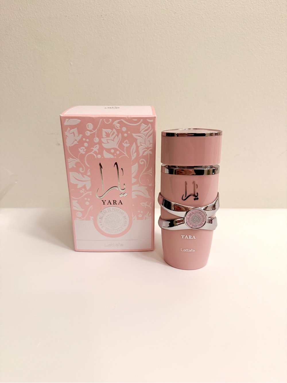 Yara Lipstick-Style Fragrance Bottle in Pale Pink with Silver Trim
